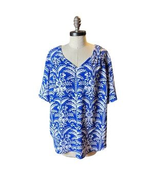 Croft & Barrow Womens 2X Blue White Print Blouse